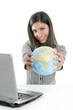 Brunette businesswoman with global map Brunette businesswoman with global map