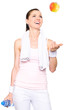 Sportliche hübsche Frau mit Apfel und Wasserflasche Sportliche hübsche Frau mit Apfel und Wasserflasche