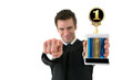 Number one: Successful young man with a trophy Number one: Successful young man with a trophy
