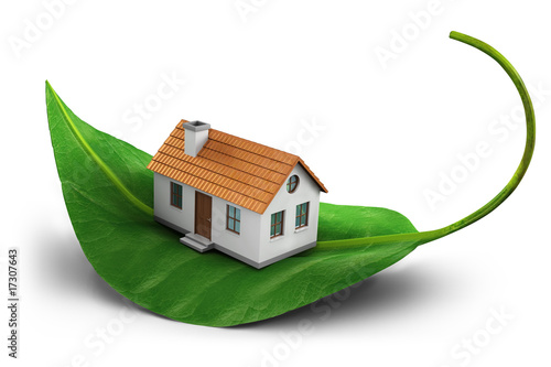 Ilustração: Symbolized home on green leaf - Ecological concept Symbolized home on green leaf - Ecological concept