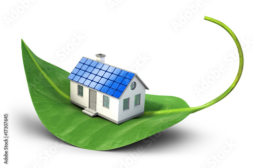 Illustration: Solar cell house icon on green leaf - Alternative energy Solar cell house icon on green leaf - Alternative energy