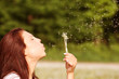 pretty girl is blowing a dandelion