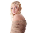 The beautiful blond girl tied with rope