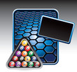Billiard balls on blue hexagon advertisement