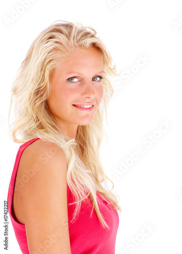 Portrait of a pretty young woman smiling on white Portrait of a pretty young woman smiling on white