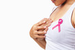 Woman holding another hand to hold her breast with pink ribbon