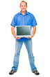 Happy man showing laptop Happy man showing laptop