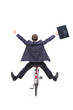 Happy young businessman on a bicycle isolated against white Happy young businessman on a bicycle isolated against white