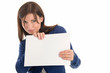 Portrait of beautiful woman holding blank note card