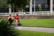 Man and woman park bench talking then walking