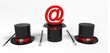 Three black top hats isolated on white background with email sig Three black top hats isolated on white background with email sig