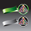 Billiard balls on green and silver ribbons
