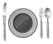 Black plate, silver spoon, fork, knife | Vector World series Black plate, silver spoon, fork, knife | Vector World series
