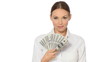 Beautiful young businesswoman is holding bunch of money