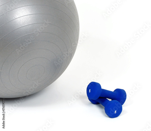 Photo: Fitness ball and dumb bells Fitness ball and dumb bells