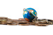 Coins and globe on chain on white background