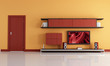 lcd tv and audio system in a orange and red lounge lcd tv and audio system in a orange and red lounge