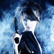 beautiful sexy girl holding gun . smoke background