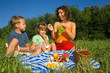pretty Little Girl and Young Women and Little Boy on picnic in g