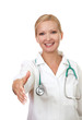 Beautiful young doctor stretching her hand for a handshake