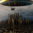 3d alien UFO space ship above night city 3d alien UFO space ship above night city
