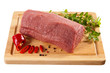 Raw beef on cutting board isolated on white background