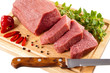 Raw beef on cutting board isolated on white background