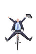 Happy young businessman on a bicycle isolated against white Happy young businessman on a bicycle isolated against white