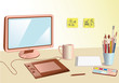Designer workplace,monitor, pen tablet tools and acessories