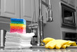 colorful sponges and gloves in kitchen - housework