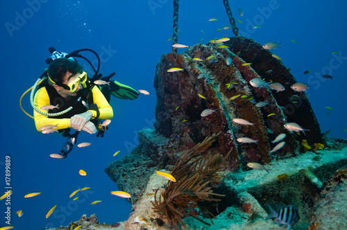 Foto: Female diver explores wreck Female diver explores wreck