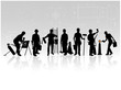 Construction workers with tools on technical background Construction workers with tools on technical background