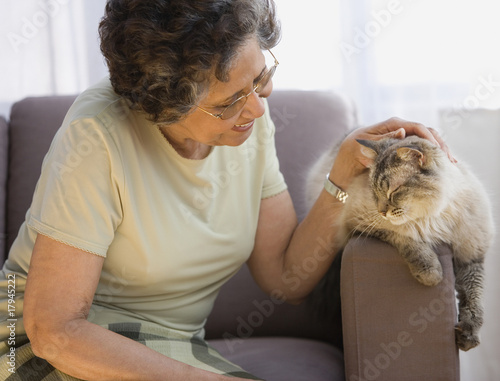 Photo: Senior Hispanic woman petting cat on sofa Senior Hispanic woman petting cat on sofa