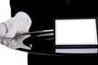 waiter with a silver tray with a blank card