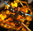 Digital composite of Pacific Islander woman shooting laser guns