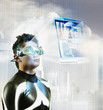 Digital composite of Asian man wearing hologram display glasses