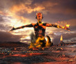 Digital composite of Asian woman emerging from lava