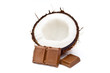 Halved coconut with chocolate blocks Halved coconut with chocolate blocks