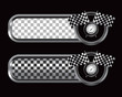 Racing flags and speedometer on silver and black checkered ads