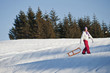 Young woman in snow pulling a sleigh