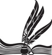 Black silhouette of the opened book and three quills Black silhouette of the opened book and three quills