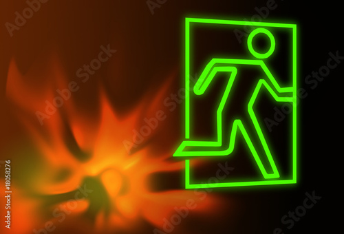 Illustration: Emergency or fire exit sign with flames Emergency or fire exit sign with flames