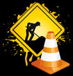 Under construction panel and traffic cone