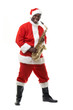 black santa claus playing sax over white background