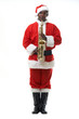 black santa claus playing sax over white background