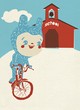 Child in costume balances on bike outside school
