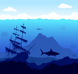 Dangerous underwater world with sharks and ship
