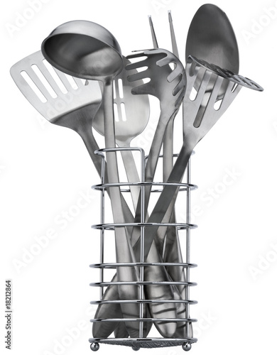 Photo: Set of stainless utensils on white background Set of stainless utensils on white background