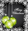 Greeting card with green christmas balls.