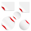 Set of white, realistic vector stickers with red peeling corners